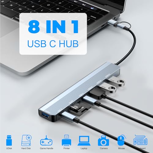 Hub USB C, 8 en 1 Hub USB 3.0 con Puerto USB C, Puertos USB 2.0 y USB 3.0, Lector de Tarjetas SD/TF, Puertos U-SB Multiples para PC MacBook Air/Pro iPad Pro Chromebook Huawei DELL XPS HP Samsung - imagen 2