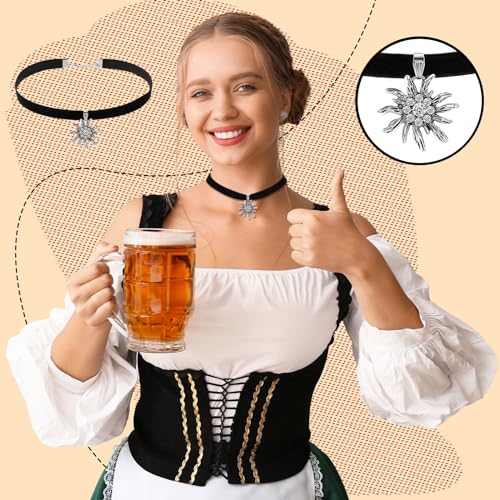 Sinmoe 3 Stück Trachtenschmuck Set Bayerisch Bierfest Dirndlschmuck Elegante Trachtenkette mit Ohrstecker Edelweiß Halskette Samt Kropfband für Damen Bierfest Trachten Dirndl Accessoires(Schwarz)
