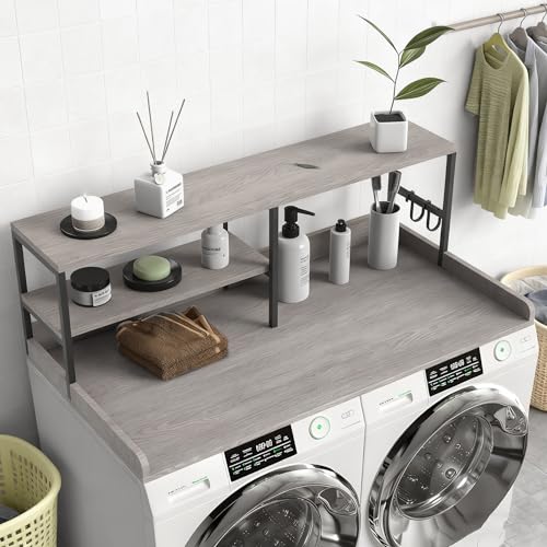sykart Washer and Dryer Countertop with Shelf, 2-Tier 54" x 27.5" Wood Laundry Countertop Non-Slip Pads, Washer Dryer Topper with High Edge Rails and Hooks, Waterproof & Heat Resistant Top (Gray) by sykart - Image 7