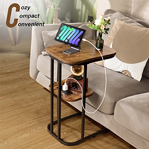Allinside C Shaped End Table With Charging Station, 2-Tier Side Table With Storage Shelf Large Laptop Tv Snack Tray Ideal For Couch, Sofa Slide Under, Bedside, Small Spaces (2 Usb Ports & 2 Outlets) #TOP1