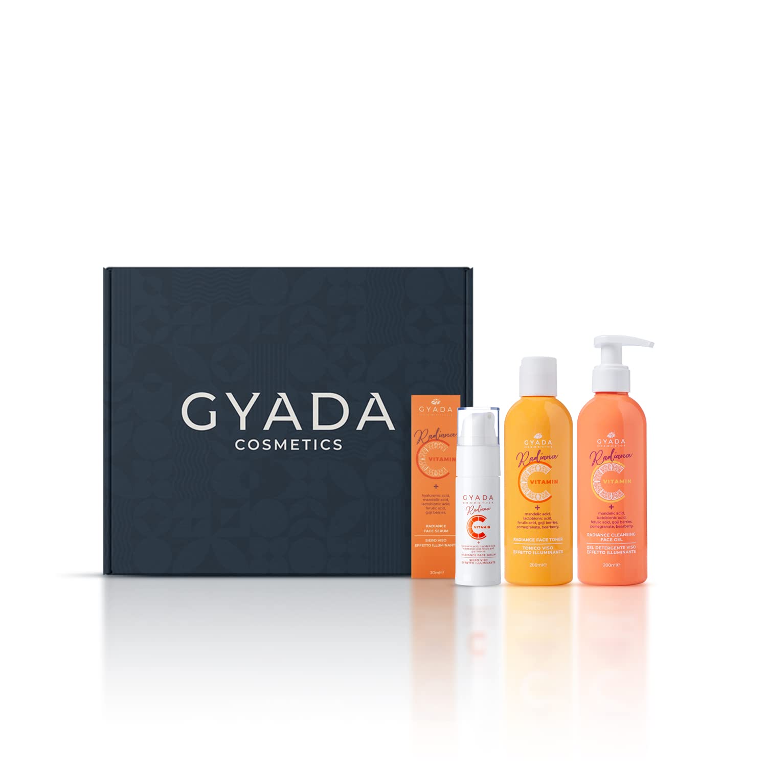 GYADA COSMETICS, STAY GLOW BOX, Set Regalo Viso 3 Prodotti a Base Di Vitamina C ad Azione Illuminante, Esfoliante e Antiossidante per Tutti i Tipi di Pelle, Skincare Routine Pelle Spenta e Opaca