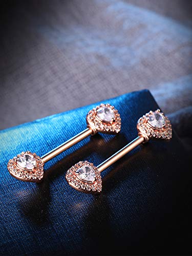 4 Pairs Stainless Steel Nipple Rings Tongue Ring Piercing Body Jewelry Barbell Cz Heart Shape Rings For Women Girls (Rose Gold Bar And White Zirconia) #TOP3