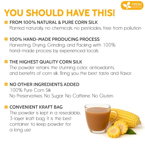 Image of FreshDrinkUS, Corn Silk Powder 8oz - Premium Herbal Ingredient, Pure Ground Corn Silk for Tea, Smoothies & Culinary Use - Resealable Pouch