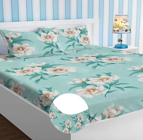 HOMEKART Premium Cotton Elastic Fitted Bedsheets with 2 King Size Pillow Covers Double Bed with All Around Elastic Supersoft Size - 72 x 78 +10 inches Flower Print Light Green 200 tc - 220 tc