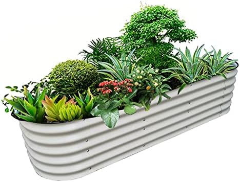 CJiePeiC 17 Inch Tall 96’’ x 24’’ 9 in 1 Aluzinc Metal Raised Garden Bed Kit, Large Modular Aluzinc Stainless Steel Metal Ground Planter Box, for Planting Outdoor Plants Vegetables Flower Herb(White)