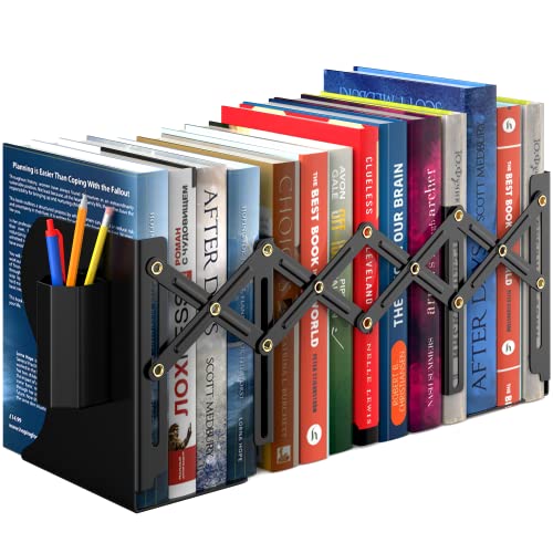 APPUCOCO Adjustable Metal Bookend For Tabletop Heavy Books Tiered Shelf Organizer Holder For Home Storage, Office, Classroom, Library With Pen Holder (Extends Up To 15 Inches) - Black