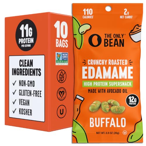 The Only Bean Crunchy Roasted Edamame Snacks (Buffalo) – High Protein (11g), Low Carb Keto Vegan Office Snack, Gluten Free Healthy Snacks for Adults and Kids, 0.9oz (Pack of 10)