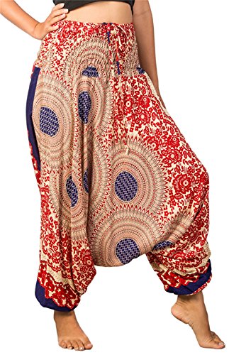 LOFBAZ Yoga Harem Pants for Women Boho Hippie Bohemian Clothing Womens Indian Beach Gypsy Clothes Maternity Genie Jumpsuit Rose Red 2XL