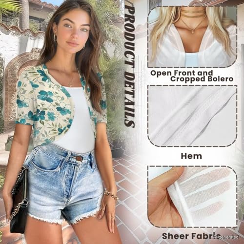 Image of Womens Short Sleeve Cardigans Lightweight Summer Cardigan Trendy Bolero Shrug Cute Floral Cardigan Sheer Bolero
