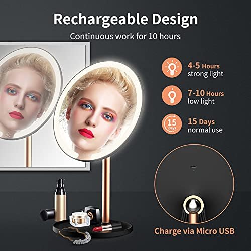 Kostlich Lighted Makeup Mirror - Rechargeable LED Tabletop Vanity Mirror with 10X Magnification Mini Cosmetic Mirror - 3 Color Lights Dimming, Touch Sensor, Portable Mirror for Travel