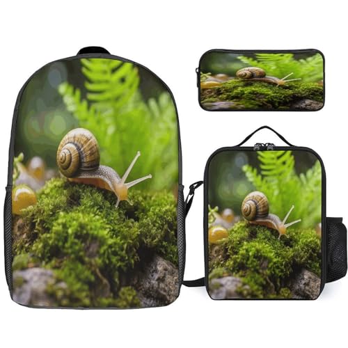 Printed Backpack With Lunch Pack Storage Box Case Snail Crawling 3pcs Lightweight Travel Backpack