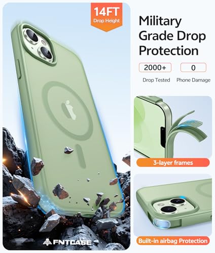 Image of FNTCASE for iPhone 15 Plus Case: for iPhone 14 Plus Case [Compatible with Magsafe] Translucent Matte Cases with [Screen Protector] Military Grade Shockproof Protective Phone Cover - Light Moss