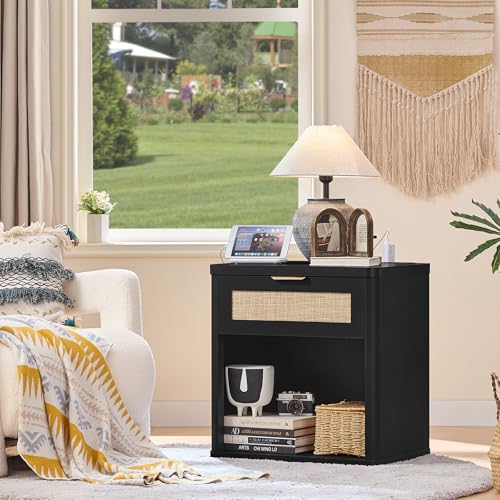 Image of LEYAOYAO Rattan Nightstands Set of 2 with Charging Station, Black Night Stand with Drawer, 23 inch Wide Boho Bedside Table with Storage Shelf, Bed Side End Tables for Bedroom, Living Room, Hallway