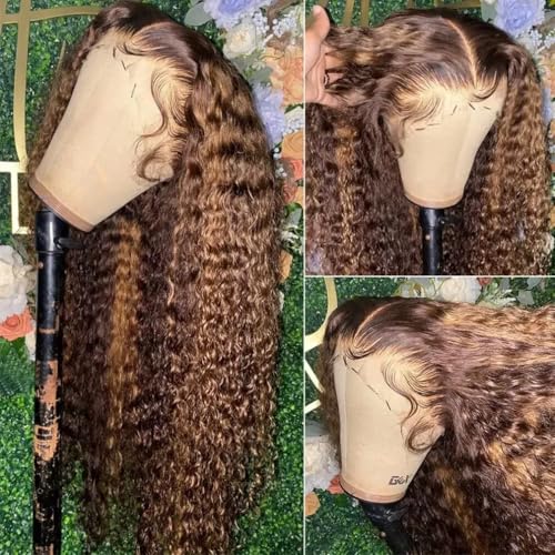 Perruque bresilienne bouclée cheveux humain 13x4 frontal wigs blonde highlight ombre 22 pouces 180%