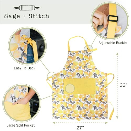 Sage+Stitch Adjustable Designer Kitchen Apron For Adults | 100% Machine Washable Cotton Cooking Apron With Pockets And Adjustable Neck Buckle | 27" Wide X 33" Long | Yellow Lemons #TOP1
