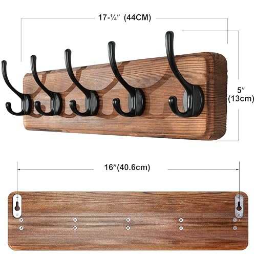 Image of SKOLOO Rustic Wall Mounted Coat Rack, Case of 2, Pine Solid Wood Coat Hook Hanger - 5 Hooks for Hanging Clothes Robes Towels Coats