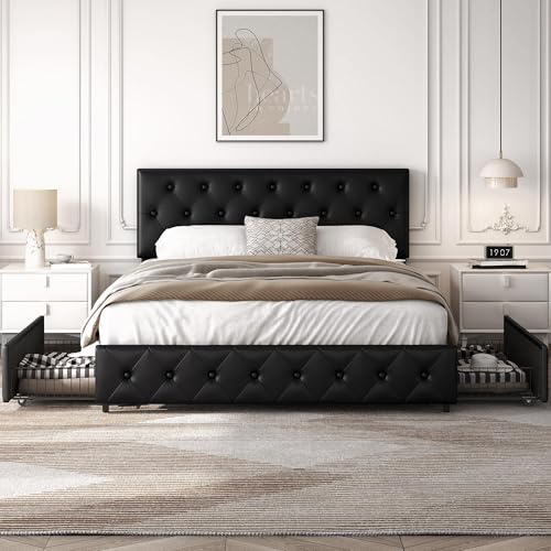 Yaheetech Lit Double rembourré avec tiroirs et Rangement avec Supports à Lattes en Bois, tête de lit réglable en Hauteur avec Rivets à Point de Tension Noir (160 x...