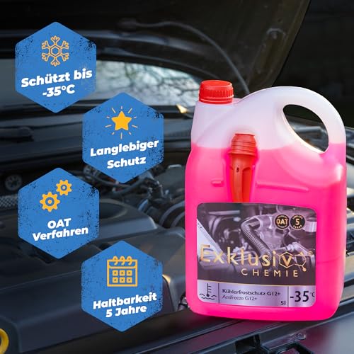 Exklusiv Chemie G12+ Kühlerfrostschutz bis -35° - 5 Liter - 5 Jahre | Kühlflüssigkeit Auto | G12 Kühlmittel Auto | Gebrauchsfertig | Langlebiger Schutz