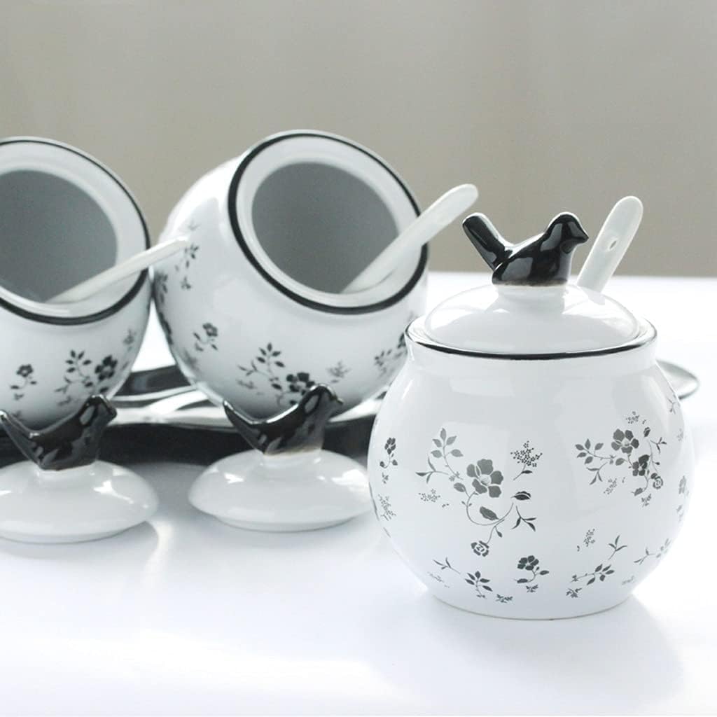Salt and Sugar Container Sets Ceramic Condiment Container Set Kitchen Seasoning Pot Set with Lid Spoon and Tray Seasoning Box Spice Container Set Kitchen,A-3pcs