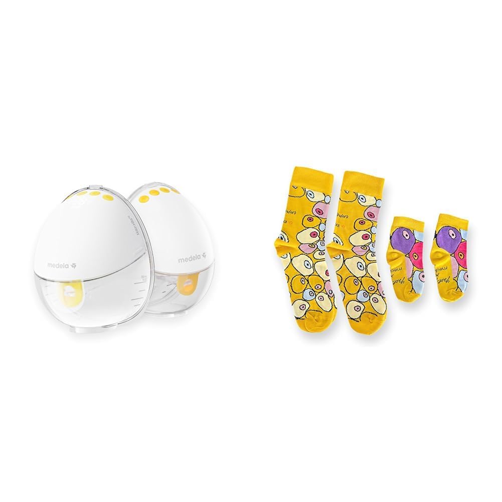 Set Medela Motion InBra tragbare elektrische Milchpumpe + Medela Mama-Baby-Socken, Limitiert, von Schweizer Künstlerin Yael Anders, Teil der Kampagne „With You, Every Step of the Way”