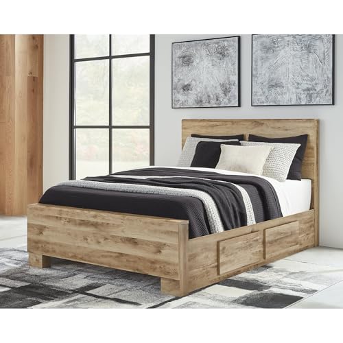 Image of Signature Design by Ashley Queen Platform Bed Frame with Storage, Tan Brown | 4 drawers, Engineered wood (MDF /particleboard /plywood) and decorative laminate, No box spring required, Hyanna Series