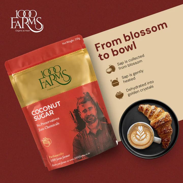 Image of 1000 Farms Organic Coconut Sugar 250g | Coconut Palm Sugar | Natural Sweetener for Tea, Coffee & Baking | Unrefined, No Preservatives, Zero Chemicals