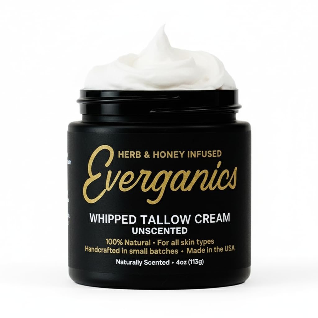 Organic Whipped Beef Tallow Balm - Unscented Grass Fed Tallow Moisturizer for Face, Body & Lips - Cream with Manuka Honey, Shea Butter & 9 Nourishing Ingredients - Made in USA - 4oz