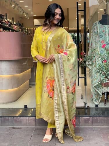 Image of Naixa Women's Viscose Organza Jacquard Embroidered Straight Kurta with Pant and Dupatta Sets (S-Kritika)