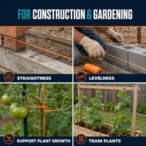 Image of Mason Line String 260FT, 390FT, 780FT, 1500FT, 2300FT, Durable Construction Twine for Laying Bricks, Blocks, Fences in Gardening, DIY & Landscaping Projects (Orange, 393 Ft)