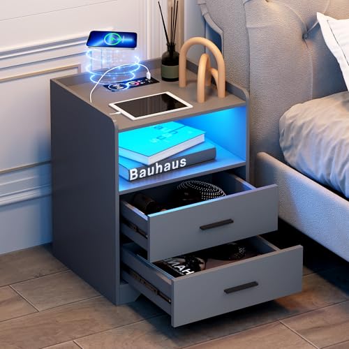 Vlsrka LED Table de Chevet avec Station de Charge, Moderne Table de Nuit avec Ports USB/Type-C, Chevet de lit avec 2 tiroirs, Table de Chevet avec 24 Couleurs...