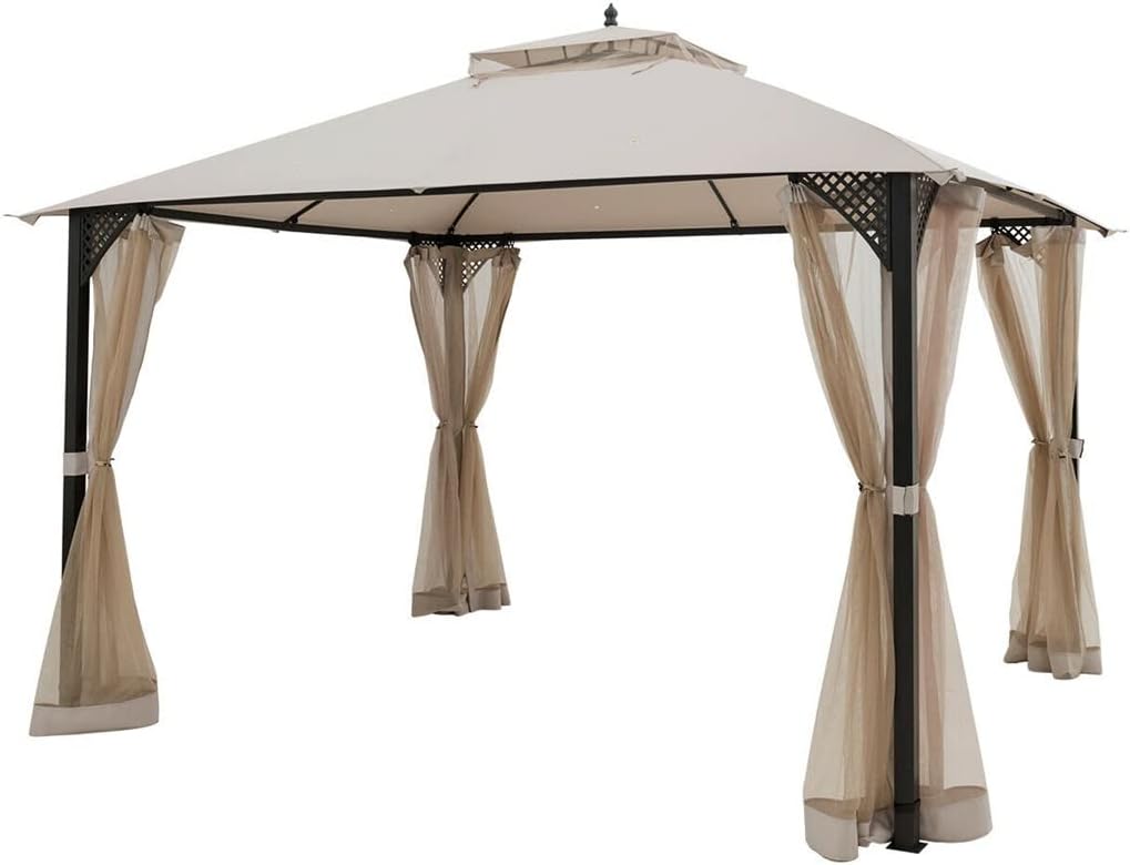 Patiojoy 12' X 10' Outdoor Patio Gazebo Canopy Shelter Top Sidewalls Netting Brown(E)