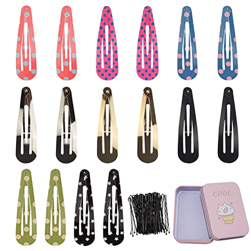 16Pcs Snap Hair Clips for Women Girls, 2 Inch Metal Barrettes in 8 Assorted Color for Thin & Thick Hair, No Slip Rustproof Hair Clips with Extra 50Pcs Black Hair Pins (Polka dot print series)