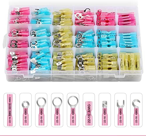 540pcs Crimp Heat Shrink Butt Fork Spade Ring Hook Connectors Kit for Wiring,Marine Assorted Crimp Heat Shrink Electrical Wire Connectors,22-10 Gauge Crimp Wire Terminals Connector Heat Shrink