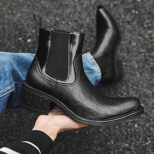 Men's Pointed Toe Chelsea Ankle Boots Leather Elastic Slip On Low Heel Western Dress Boots High Top Business Formal Chukka Boots4