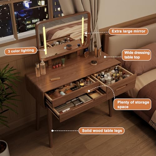 Image of KungFuWood Solid Wood Vanity Desk with Mirror and 3 Lighting Modes,Makeup Vanity Adjustable Height with 3 Drawers,Easy Assemble Vanity Table,Dressing Table for Bedroom