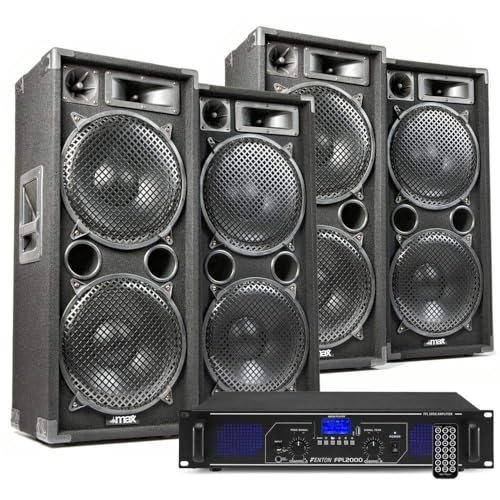 MAX DJ Lautsprecher Set, Mobile PA Anlage Komplettset, 5600 Watt, DJ Set Komplett, 4X MAX212 Lautsprecher DJ Boxen 8 Ohm, 1x Fenton FPL2000 Verstärker, 4Ohm, BT MP3, PA System, DJ Anlage für Beginner