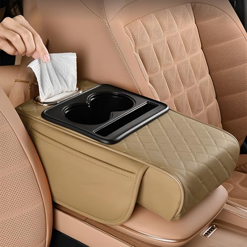 Image of SIAGO SIA399 Premium Car Armrest Cover | 5-in-1 Center Console Organizer with Cup Holder, Phone Slot, & Storage Bags | Anti-Slip PU Leather Cushion for Sedans & SUVs (Beige)