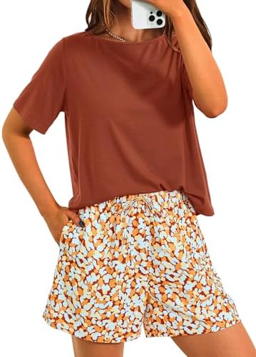 PRETTYGARDEN Women's Summer 2 Piece Outfits Lounge Sets Short Sleeve Tee Shirts Tops Blouses Pockets Printed Shorts Tracksuit