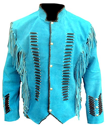 Image of Classyak Men's Native Indian Western Suede Jacket Fringes & Bones