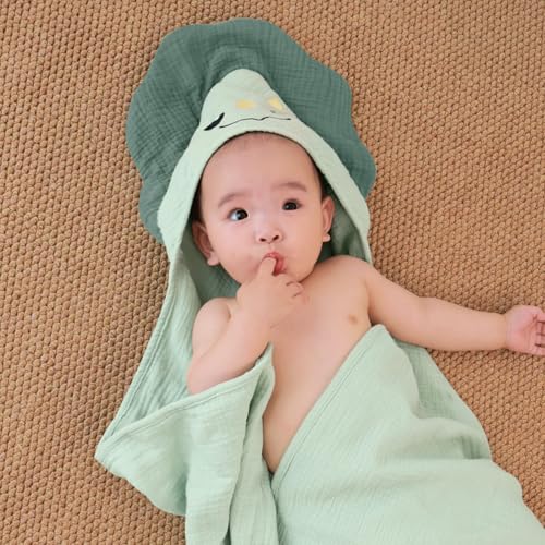 Image of FIOBEE Hooded Baby Towels 100% Muslin Baby Bath Towels for Newborn with Animal Design Ultra-Soft and Absorbent Bath Essentials for Toddler, Unisex Girls Boys 30 x 30 inch, Green Dinosaur
