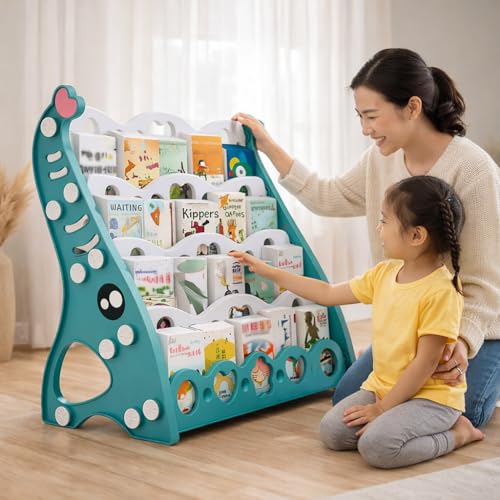 Image of Hukimoyo Kids Book Shelf Cabinet for Kids for Home Front Facing Display Storage Bookshelf Rack, 4‑Tier Book Shelves Rack for Playroom Montessori, Playschool, Home
