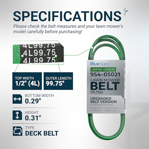 Image of [Upgraded Grip120] BlueStars 954-05021 Mower Deck Belt 99.75 inch x 0.5 inch | For Cub Cadet Troy Bilt Super Bronco MTD Craftsman Lawn Tractor Replaces 754-05021 490-501-C062 490-501-M062 Aramid Cord