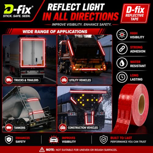 Image of D-fix High Intensity Radium Reflective Tape - 5 Meters in Length - 48mm / 2 inch Width - 1 Roll Per Pack - Car Bike and commercial vehicles Conspicuity reflective warning Tape Reflective tape-Red