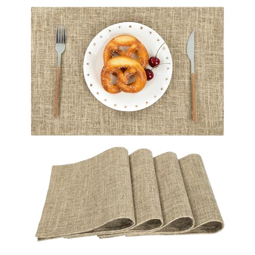 SHACOS Fabric Placemats Set of 4 Washable Heat Resistant Place Mats Non Slip Double Layer Thickened Rustic Farmhouse Table Mats Indoor Outdoor, Khaki