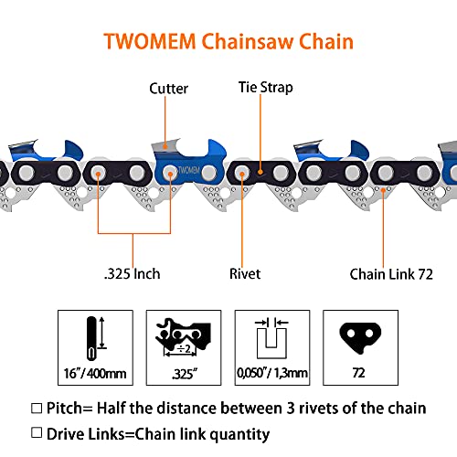 Twomem H72 Chainsaw Chain 18 Inch .325’’ Lp .05 Inch Gauge 72 Drive Links Compatible Replacement For Craftsman, Echo, Husqvarna, Mcculloch, Poulan. #TOP1