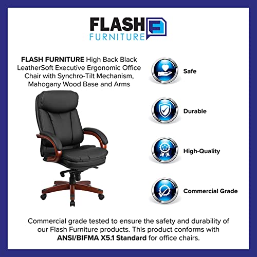 Flash Furniture High Back Black Leathersoft Executive Ergonomic Office Chair With Synchro-Tilt Mechanism, Mahogany Wood Base And Arms #TOP1