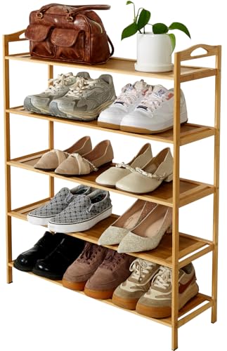 KJDFHNB 5 Tier Bamboo Shoe Rack for Closet, Free Standing Shoe Racks, Stackable Shoes Rack Organizer, Bamboo Wood Shoe Rack for Entryway and Closet Hallway (27.5