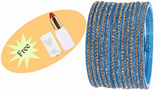 Image of NMII Glass with Zircon Gemstone and Beads Studdded Glossy Finished Traditional Bangle Set For Women and Girls