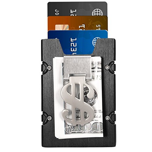 Hombre Tarjeteros - Negro Aluminio Delgado Billetera ManChDa Cartera de Bolsillo Delantera & Clip de Dinero Minimalista Billetera Bloqueo de RFID para Hombres Mujeres + Caja de Regalo