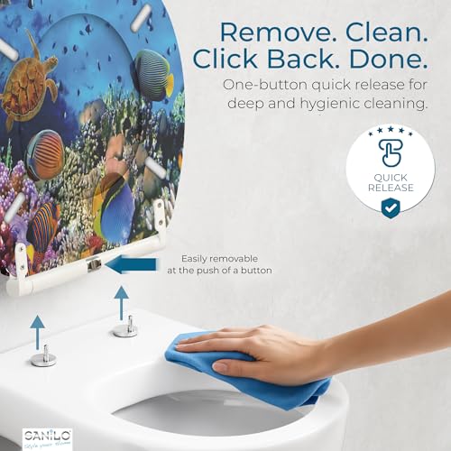 Image of Sanilo Wooden Toilet Seat with Quick Release & Soft Close [ROUND] - Decorative & Slow Close Molded Wood Seat - With One Click for Easy Installation & Cleaning - With Adjustable Fit (Ocean)